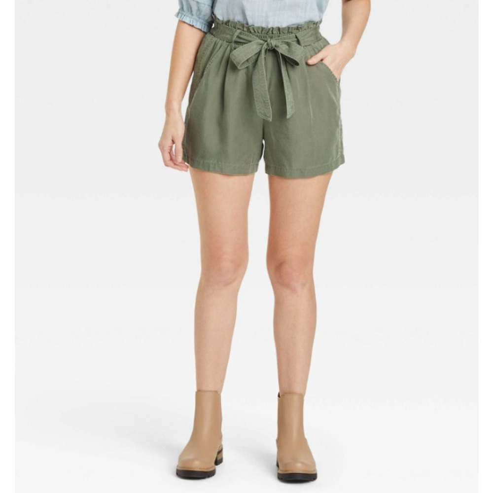 OAT Juniors' Chambray Pull-On High-Waisted Paperbag Shorts Dark Green M, $64 NWT